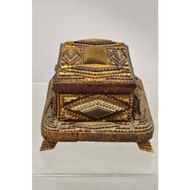 Antique Tramp Art Diamond 2 Tier Hinged Carved Wood Presentation Jewelry Box For Sale - Image 4 of 12
