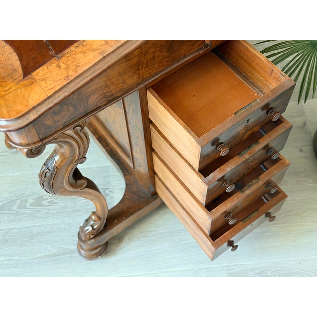 Antique Victorian Burl Walnut Wood and Leather Davenport Writing Table Secretary Desk For Sale - Image 16 of 18