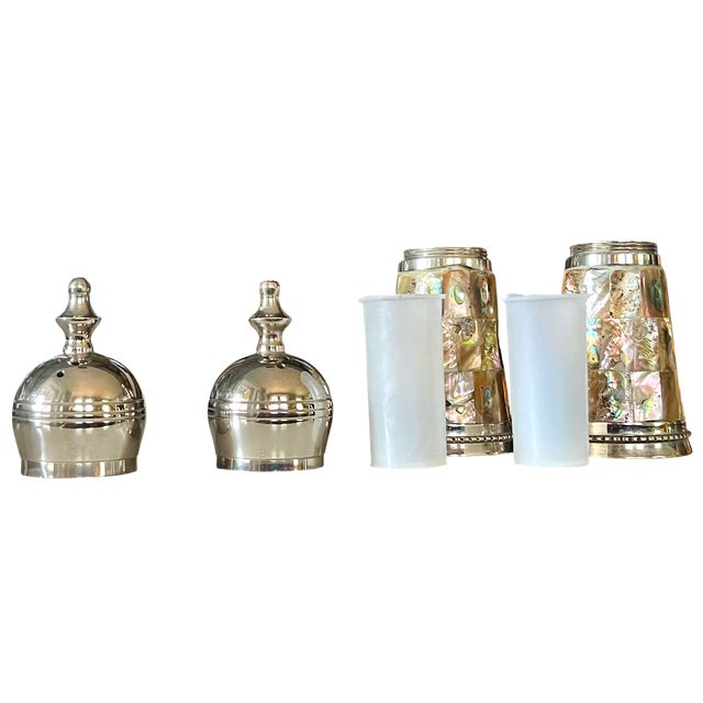 Bunny Williams Home Vintage Abalone Shell & Stainless Steel Salt and Pepper Shakers in the Style of Los Castillo For Sale - Image 4 of 7