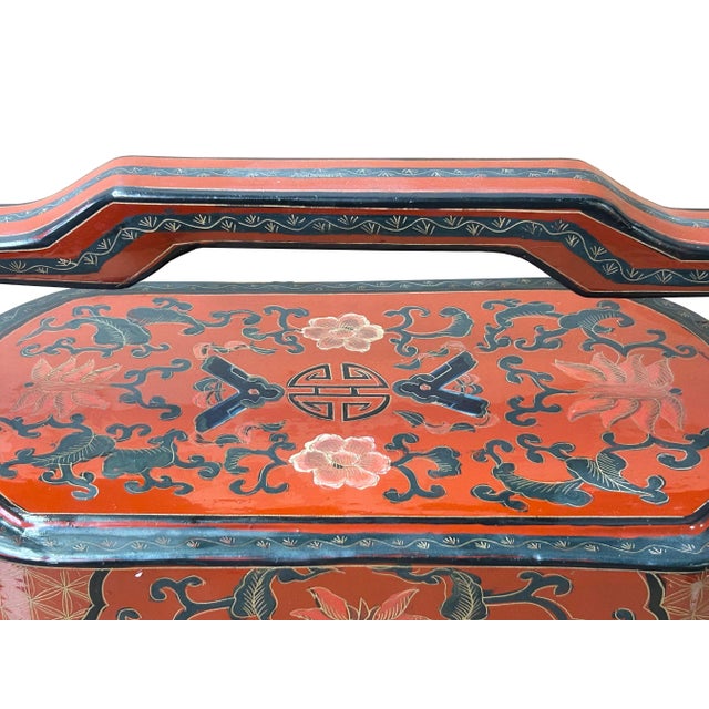 Chinese Brick Red Lacquer Color Treasure Graphic Stack Box Basket For Sale - Image 9 of 12