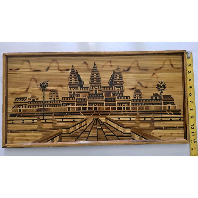 Folk Art Vintage Cambodian Khmer Angkor Wat Wood Mosaic Bamboo Marquetry Buddhist Temple For Sale - Image 3 of 9