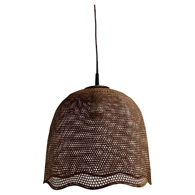 Rattan Wicker Webbing Beehive Pedant Hanging Lamp with Brass, Dutch, 1960s For Sale