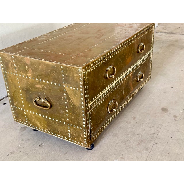 Wood Vintage Attributed to Sarried Spanish Brass Clad Campaign Chest 2 Drawer. For Sale - Image 7 of 8