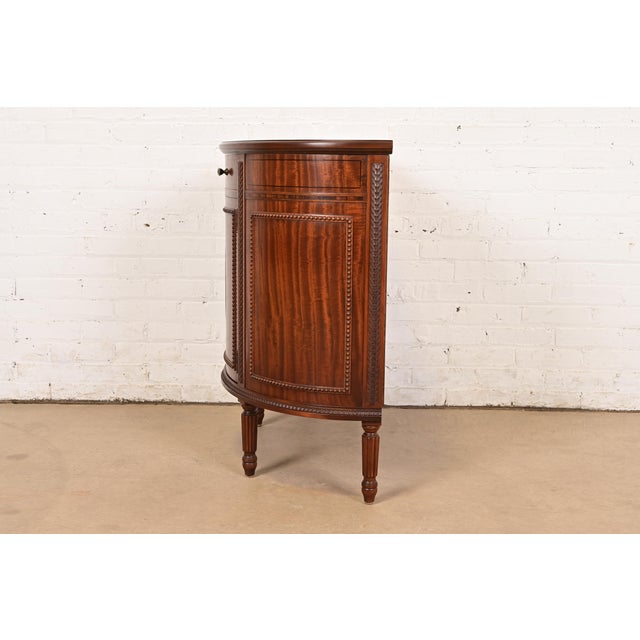 Imperial Furniture French Regency Louis XVI Mahogany and Inlaid Marquetry Demilune Cabinet, Newly Refinished For Sale - Image 12 of 14