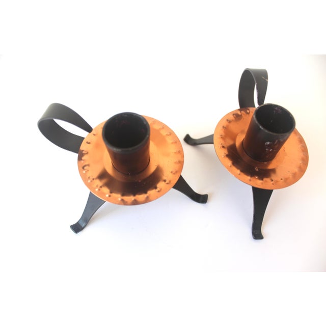 Copper Set of Two Mid Century Modern Retro Atomic Style Copper and Black Candle Holders Made in Sweden For Sale - Image 8 of 10