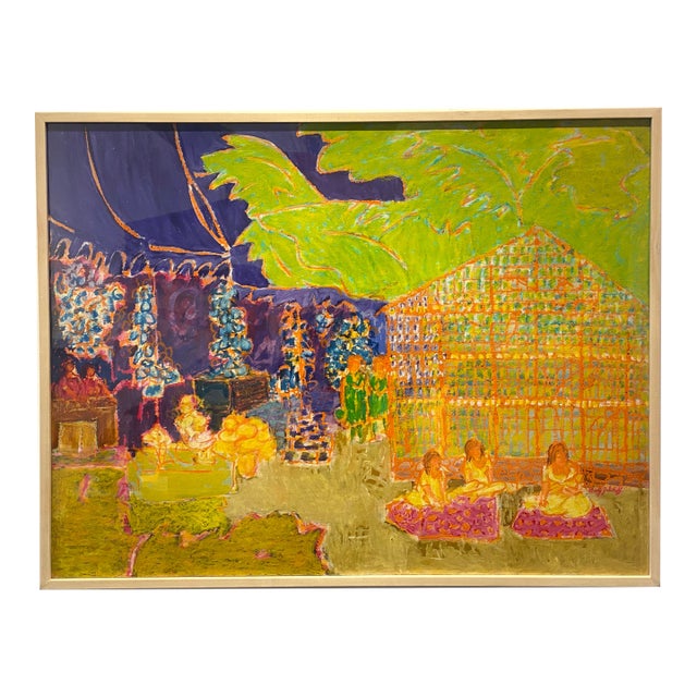 Vintage 70s Colorful Scenic Mexican Market Oil Pastel Drawing by Molly Schiff For Sale