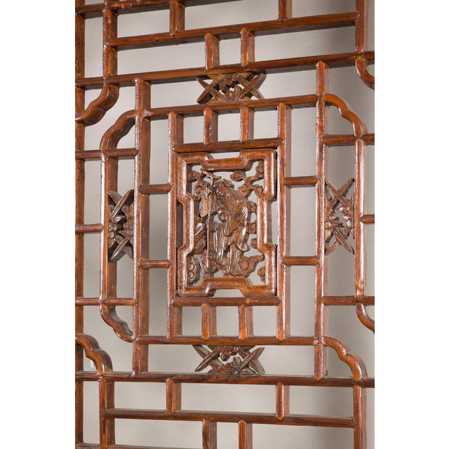 Pair of Antique Chinese Carved Elm Lattice Screens with Figural Motifs For Sale - Image 9 of 18