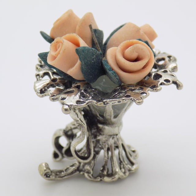 Vintage Italian Handmade Genuine Silver & Salt Dough Flower Bouquet Dollhouse Miniature For Sale - Image 6 of 12