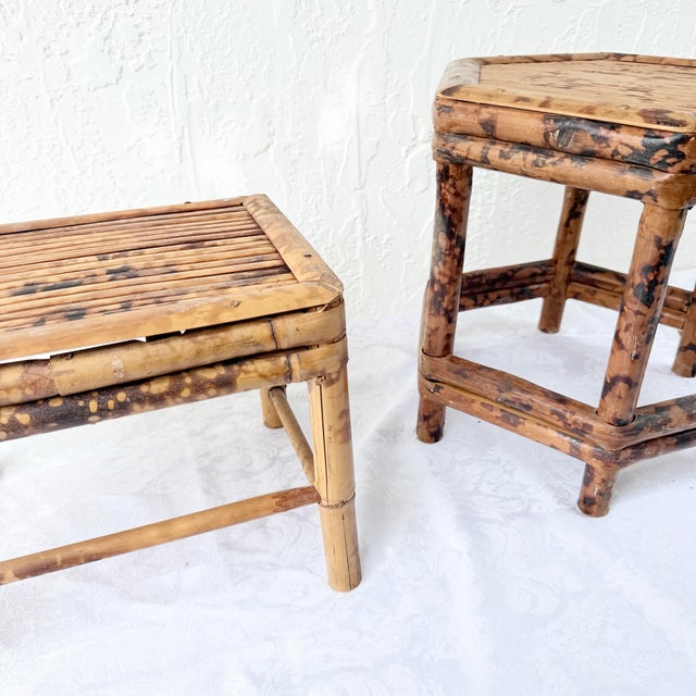 Burnt Tortoise Shell Finished Bamboo Accent Tables - Set of 2 For Sale In West Palm - Image 6 of 9