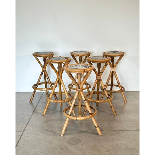 Set of 6 1960s bar stools, bamboo frame and new fabric seat, seat diameter 34 cm.