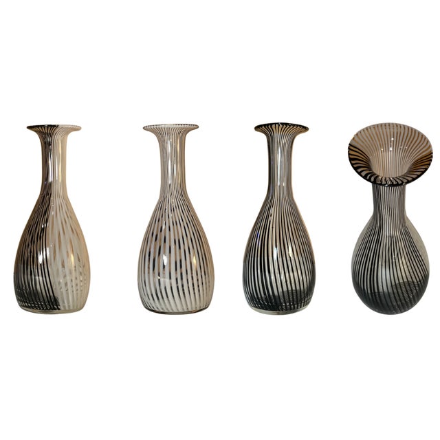 Murano Mezza Filigrana Art Glass White and White and Black Pin Stripe Swirl Vases- Set of 3 For Sale - Image 16 of 18