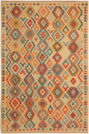 1990s Contemporary Lt. Tan/Blue Hand-Woven Kilim Wool Rug -6'6 X 9'7