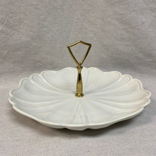 Cream Vintage California Pottery Cream White Relish Dish Tray With Gold Metal Handle For Sale - Image 8 of 12