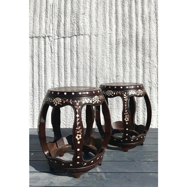 Vintage Asian Hardwood Inlay Low Stools - a Pair For Sale In West Palm - Image 6 of 10