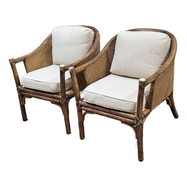 McGuire Furniture Vintage Barrel Rattan & Cane Lounge Armchairs, Pair For Sale