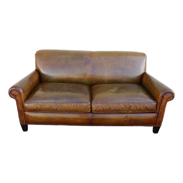 Vintage 1990s Hancock & Moore Brown Leather Sofa – Classic Rolled Arm, Nailhead Trim For Sale
