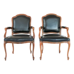 Chateau d'Ax French Louis XV Style Leather Fauteuil Arm Chairs - a Pair