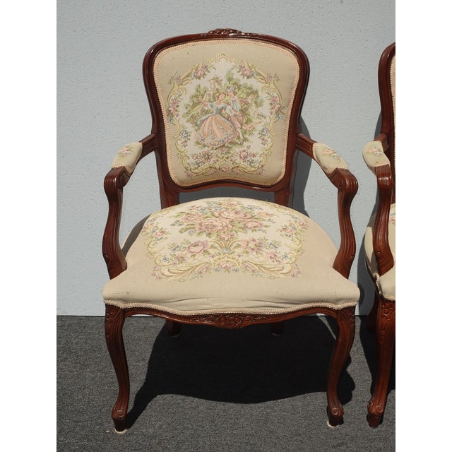 Pair of Vintage French Louis Style Tapestry Arm Chairs For Sale In Los Angeles - Image 6 of 18