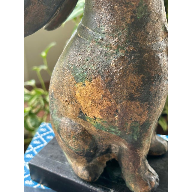 Wood Mid-Century Japanese Cast Iron Rabbit Okimono Sculpture With Verdigris Patina on Display Base For Sale - Image 7 of 10