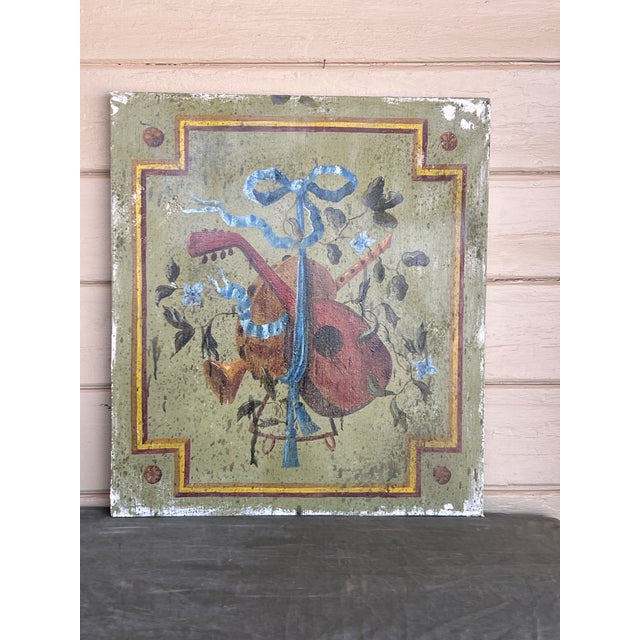 Wood Pair of Large French Louis XVI Style Painted Oil on Wood Trophy Paintings For Sale - Image 7 of 10