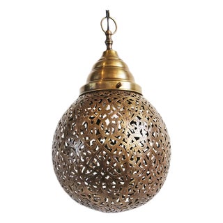 Vintage Moroccan Brass Lace Work Globe Pendant Light For Sale