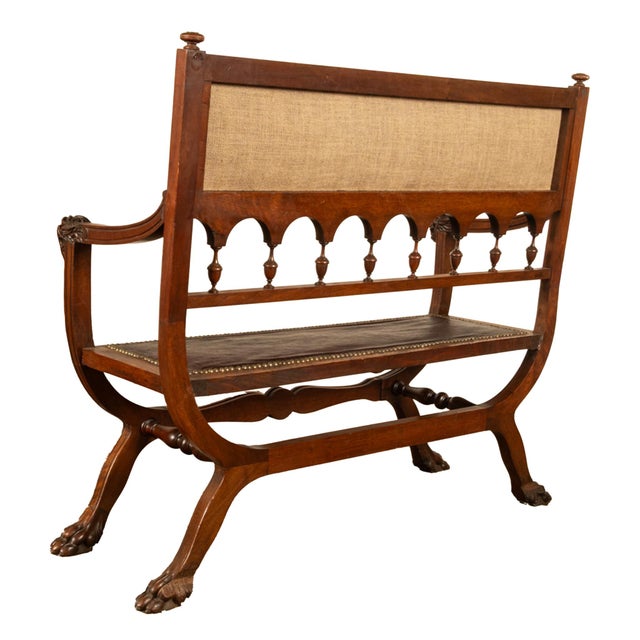 Antique Renaissance Revival Carved Walnut & Leather Hall Window Bench Italy 1880 For Sale - Image 9 of 15