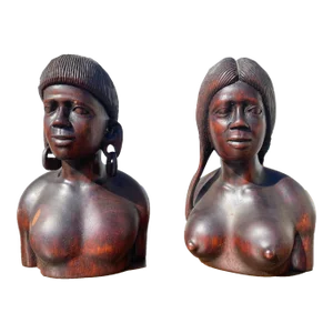 Indonesian Hand Carved Wood Busts - Set of 2