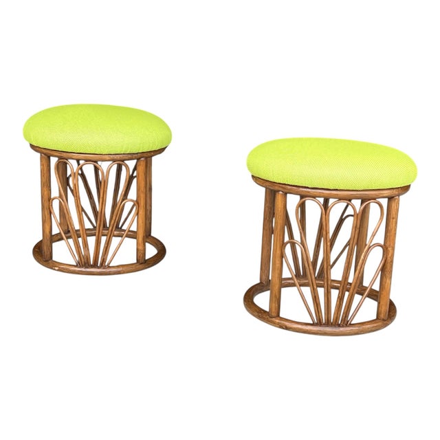 This stylish pair of 1960s bamboo ottomans captures the effortless charm of mid-century coastal design. The sculptural...