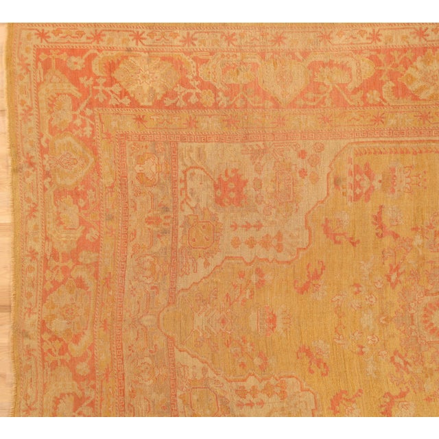 Antique Turkish Oushak Carpet, Handmade Oriental Rug, Gold, Taupe, Shrimp Coral For Sale In New York - Image 6 of 11