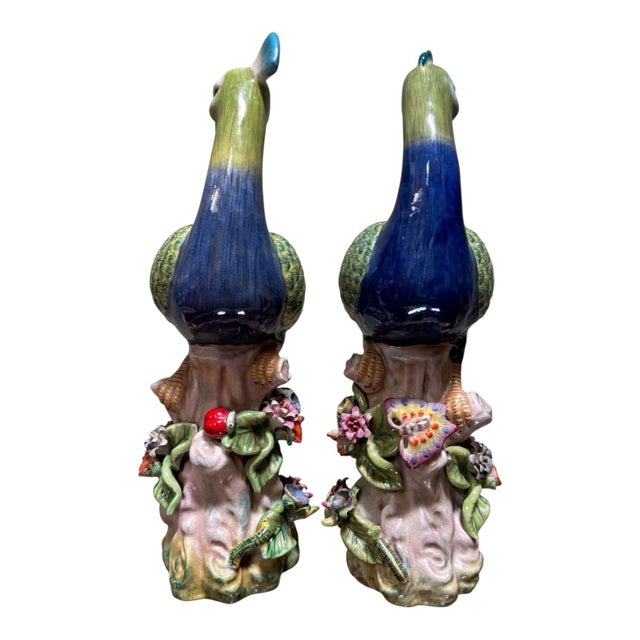 Ceramic Pair Peacock Bird Figurines Table Sculptures - Hand Painting Chinese Porcelain Book Matching Set - Chelsea House Mottahedeh Style For Sale - Image 7 of 12