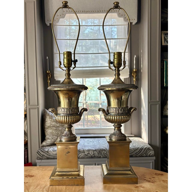 Late 20th Century Late 20th Century Classical Heavy Brass Urn and Pedestal Lamps - a Pair For Sale - Image 5 of 9