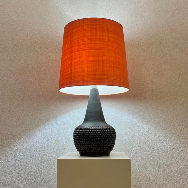Large Danish stoneware table lamp from the mid-20th century, dating from the 1960s-70s. The lower section is decorated...