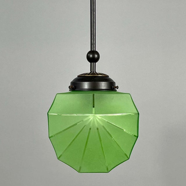 Swedish Green Uranium Glass and Burnished Brass Pendant from Böhlmarks, 1930s For Sale - Image 14 of 18