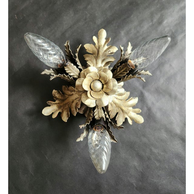 Vintage Florentine Floral Hand-Forged Silver-Plated 3-Light Flush Mount from Banci Firenze, Italy, Florence 1960s, Set of 5 For Sale - Image 9 of 18