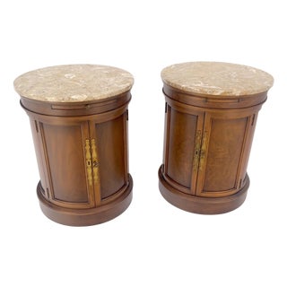 Pair of Round Cylinder Shape Two Doors End Lamp Tables Stands Pull Out Trays For Sale