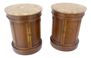 Pair of Round Cylinder Shape Two Doors End Lamp Tables Stands Pull Out Trays