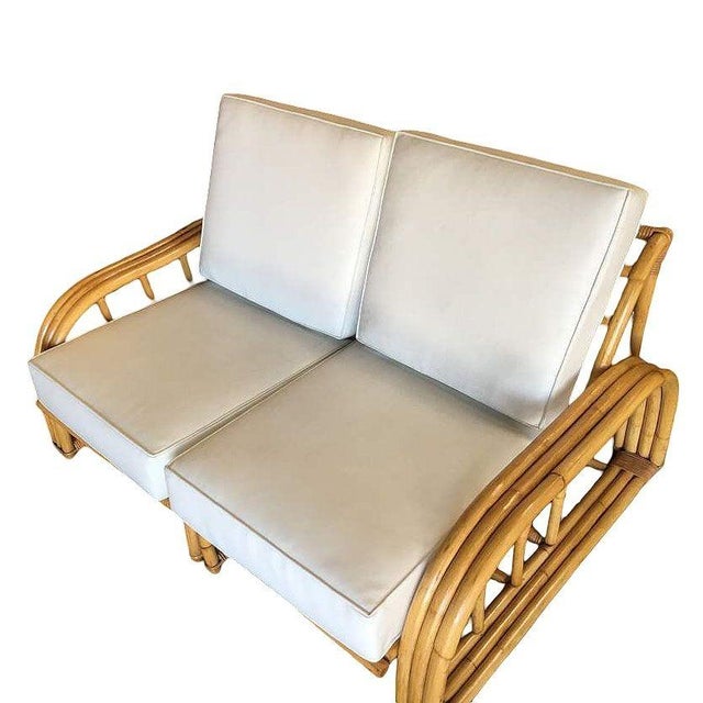 Mid-Century Modern 1940s Restored Museum Quality Paul Laszlo Designed Arched 3-Strand Rattan Settee For Sale - Image 3 of 5
