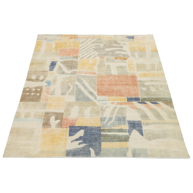 Modernist Cubist Style Handcrafted Wool Area Rug Soft Terracotta, Ochre & Indigo For Sale - Image 10 of 12