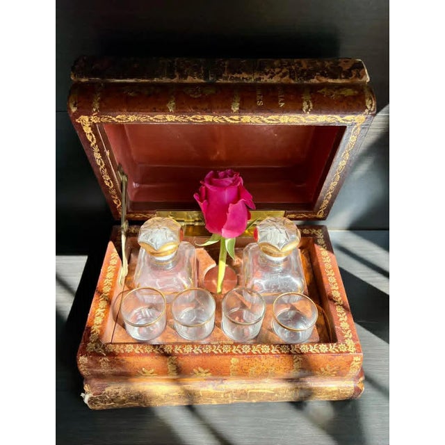 Chestnut Antique French Leather Book Tantalus Box: Decanters & Shot Glasses For Sale - Image 8 of 9