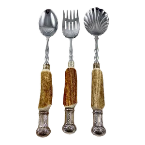 Sheffield Estate English Stag Antler Handled, Sterling Silver Capped Table Servers, S/3