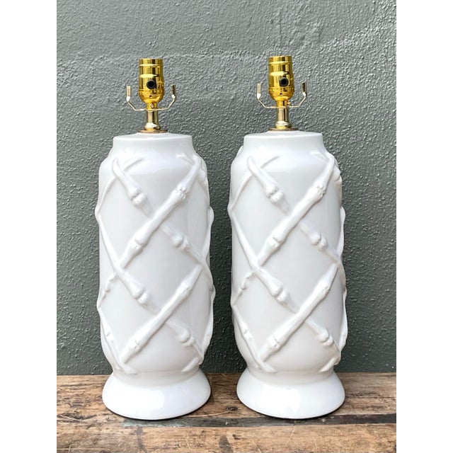Vintage Bamboo Trellis Glazed Ceramic Lamps For Sale - Image 9 of 12