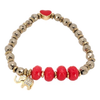 Red Heart & Gold Elephant Charms Hematite Beaded Lucky Bracelet For Sale