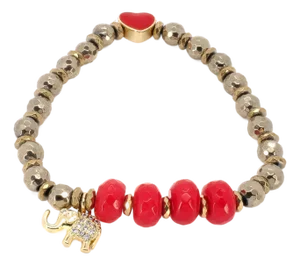 Red Heart & Gold Elephant Charms Hematite Beaded Lucky Bracelet