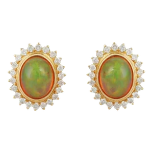 Opal Halo Diamond Statement Stud Earrings in 18k Gold , a Pair
