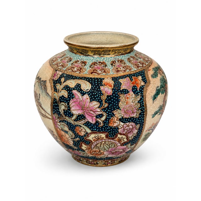 Japanese Vintage Japanese Satsuma Vase With Moriage Floral & Figural Warrior Panels, Made in Japan For Sale - Image 3 of 6