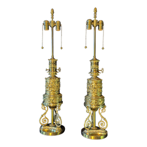 Mid 19th Century Pair of Bronze Repoussée Oil Lamps