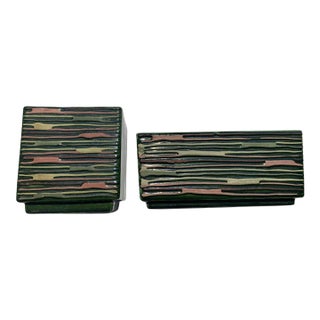 Set of 2 Mid-Century Modern Bennetts of California “Rag Rug” Ceramic Vases — Square & Rectangular, Green Striated Glaze, 1940s–50s For Sale