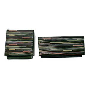 Set of 2 Mid-Century Modern Bennetts of California “Rag Rug” Ceramic Vases — Square & Rectangular, Green Striated Glaze, 1940s–50s
