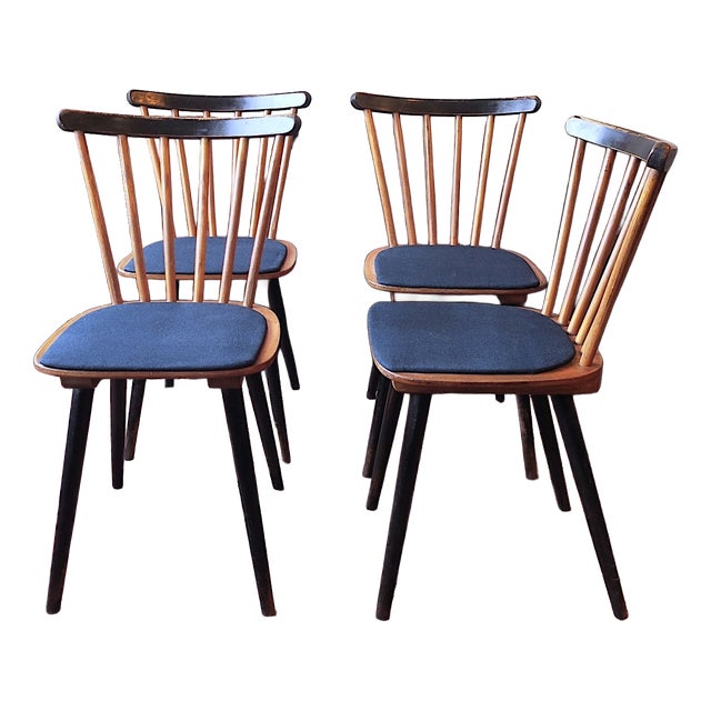 Mid-Century Dining Chairs with Splayed Legs and Navy Blue Seats, Set of 4 For Sale
