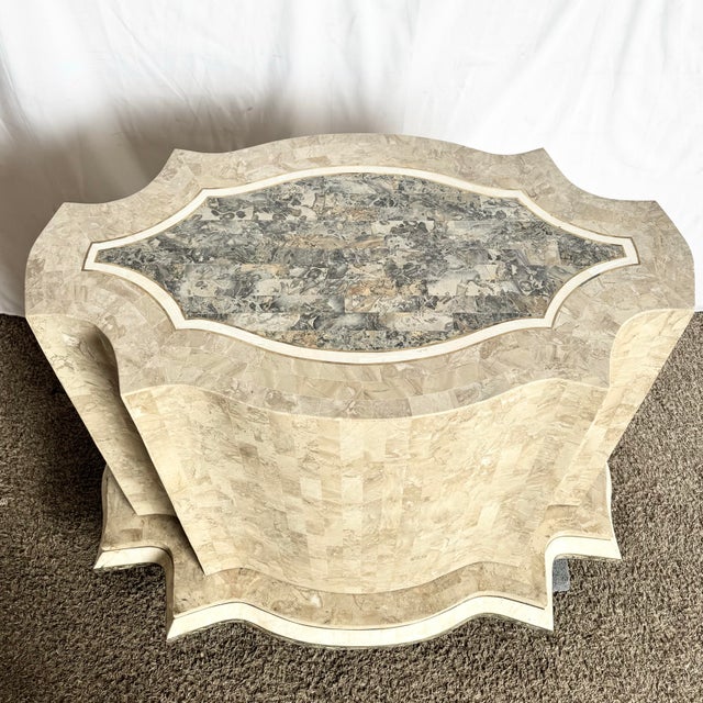 Postmodern Postmodern Sculpted Grey White and Tan Tessellated Stone Dining Table Base With Brass Inlay For Sale - Image 3 of 10